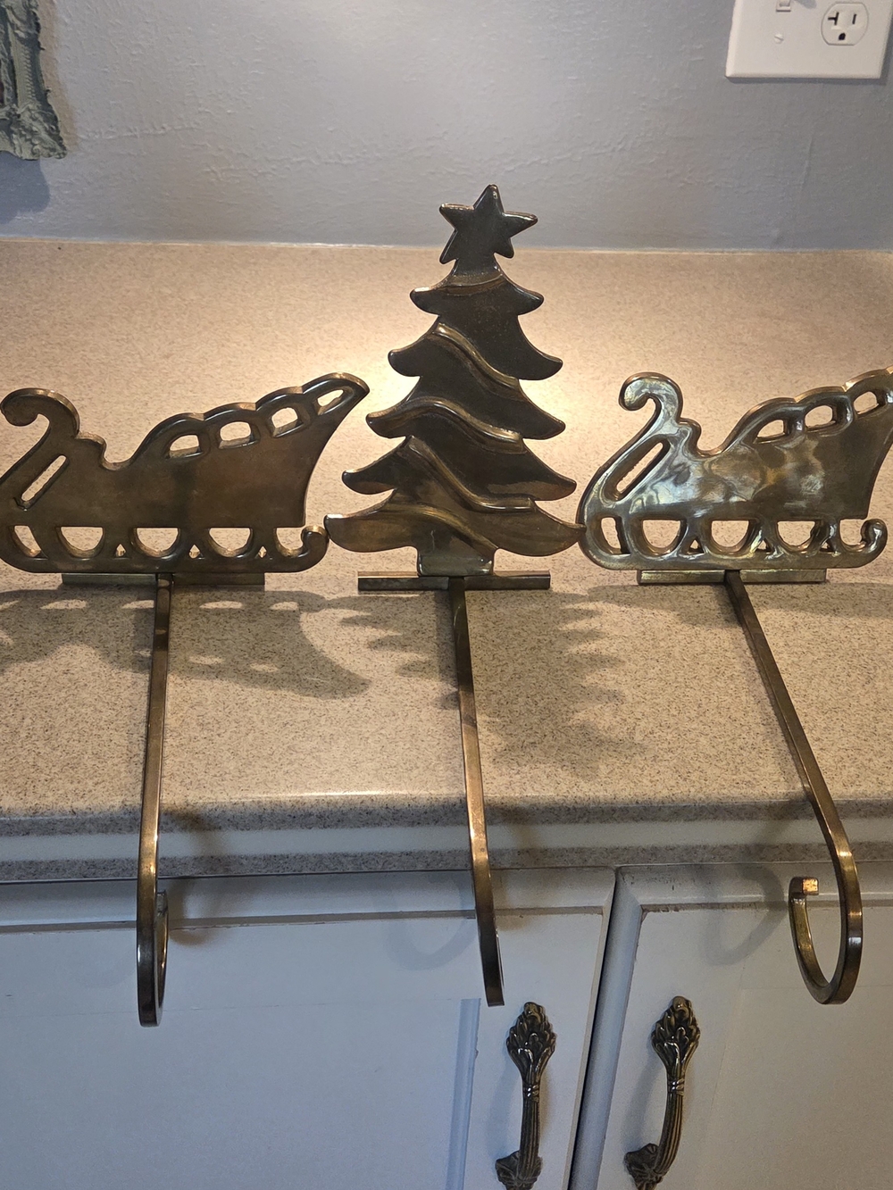 Brass Finish Christmas Stocking Hangers with Tree and Sleigh Design Set Of 5